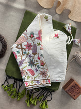 Mehndi Handloom Cotton Saree With Embrodery Work Redy Made Blouse